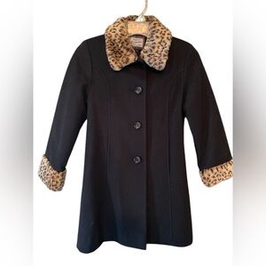 Rothschild Girl s Sz. 10 Black Felt Wool Coat With Faux Leopard Trim
